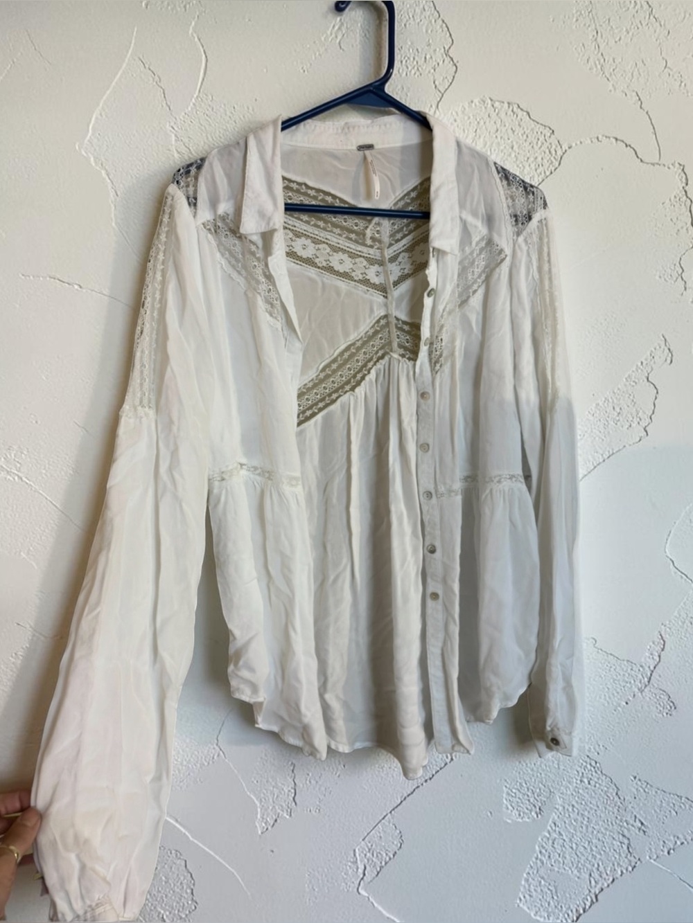 Free People White Lace Crochet Boho Button Down Shirt Size Medium